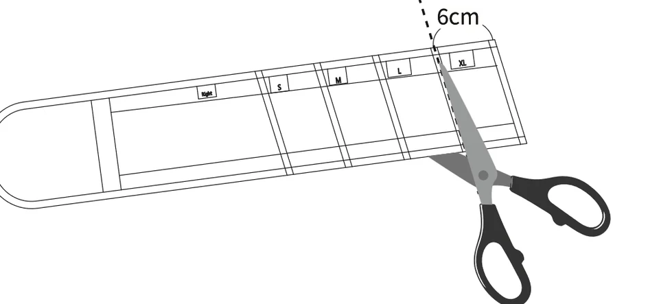 セパレートベルトをカットラインの中央でハサミで切断している図。1ブロック6cm